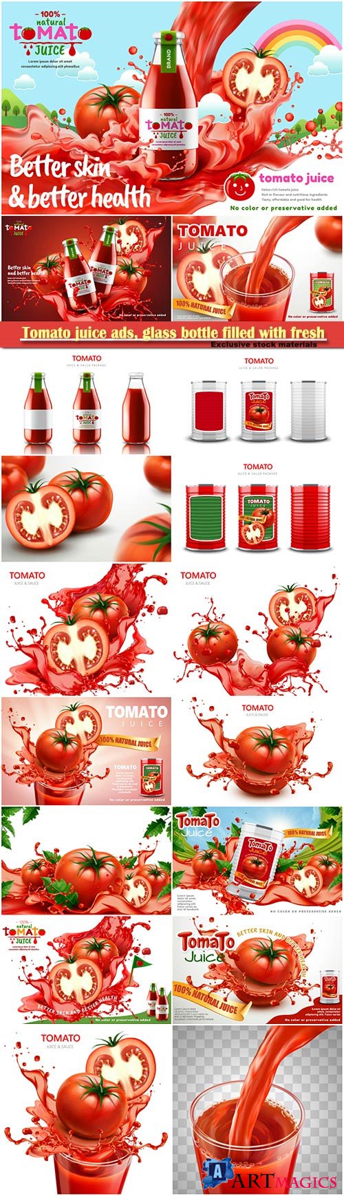 Tomato juice ads, glass bottle filled with fresh tomato juice with splashing juice, 3d illustration