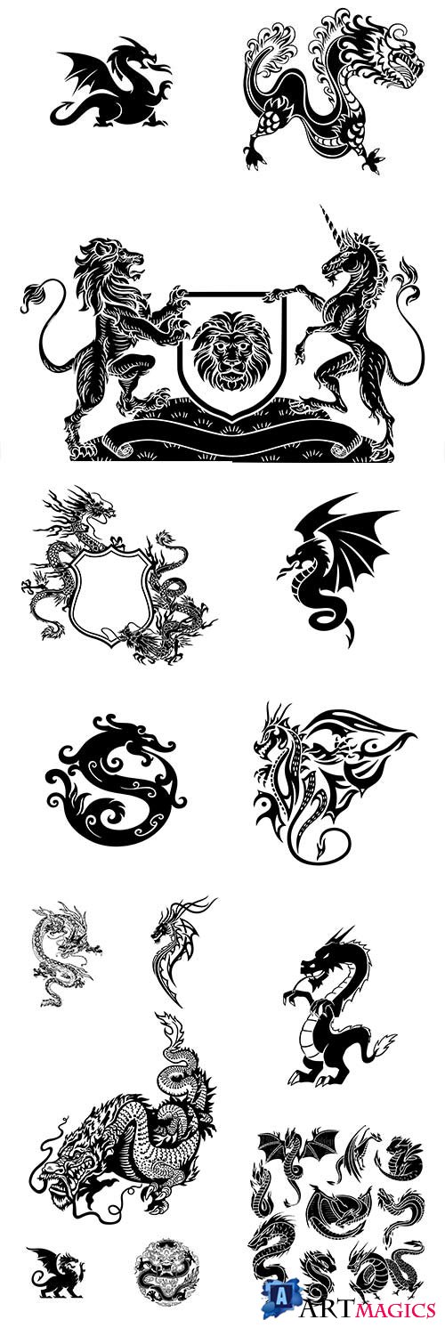 Dragon fantasy creature silhouette ancient black design