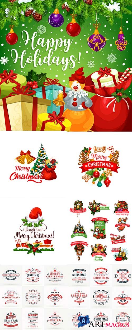 Happy Christmas holiday vintage design elements