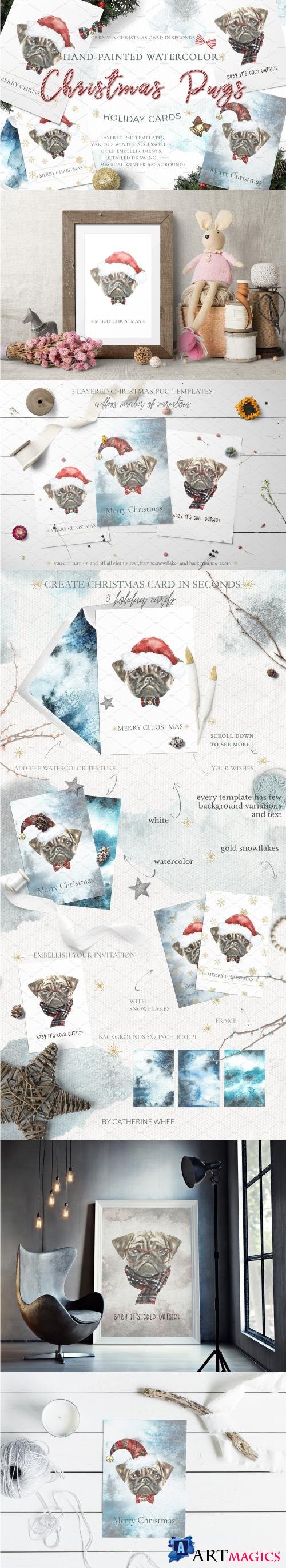 Christmas Watercolor Pug Cards - 1981246