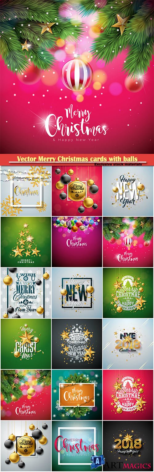 Vector Merry Christmas cards with balls, Happy New Year designposter