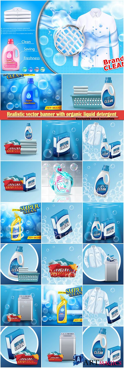 Realistic vector banner with organic liquid detergent with brand label, with splashed cleanser and soap bubbles