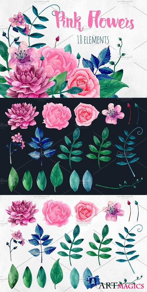 Watercolor pink flowers clip art - 2166646