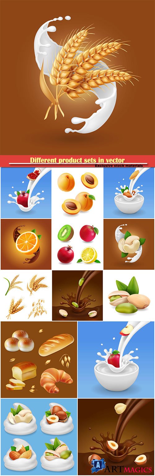 Different product sets in vector, pistachio nut in liquid chocolate, berries in milk splash, bread, bakery