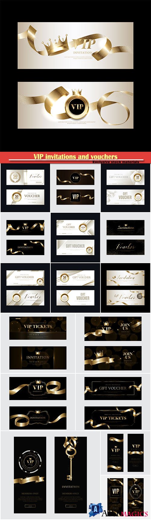 VIP invitations and vouchers with gold decor elements