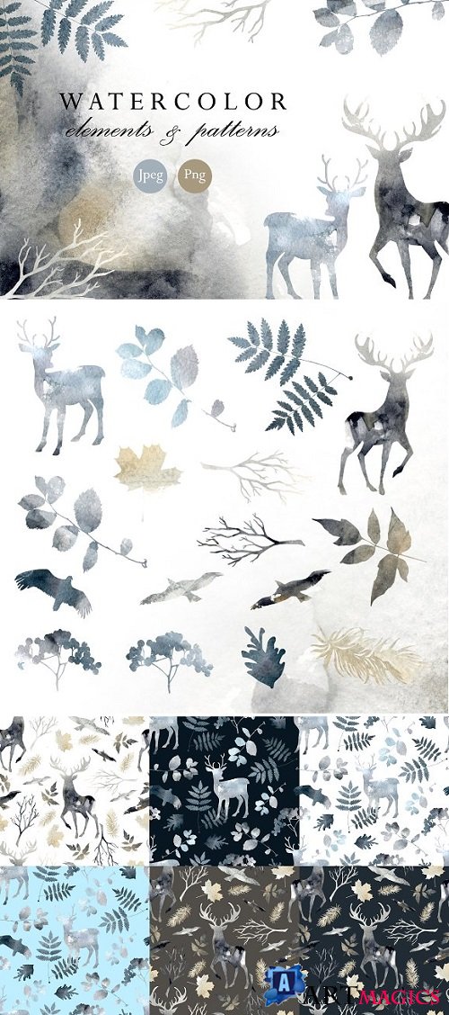 Watercolor elements and patterns - 1928452