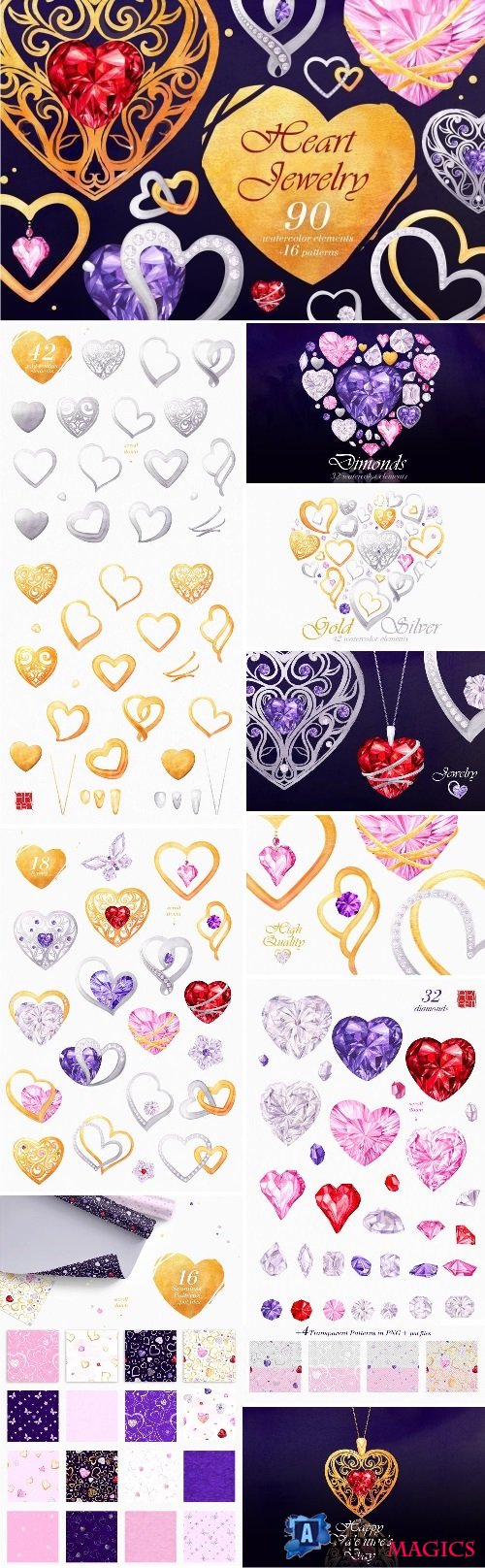 Watercolor Clipart: Heart Jewelry - 2222599