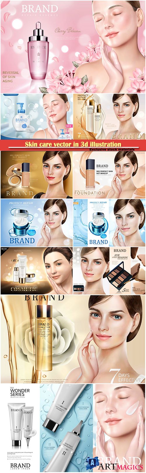 Cosmetic skincare vector, moisture soothing products with a beautiful model in 3d illustration