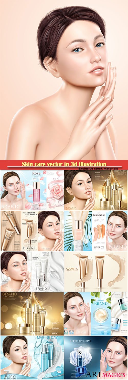 Skin care vector, moisturizing cream serum with elegant model in 3d illustration