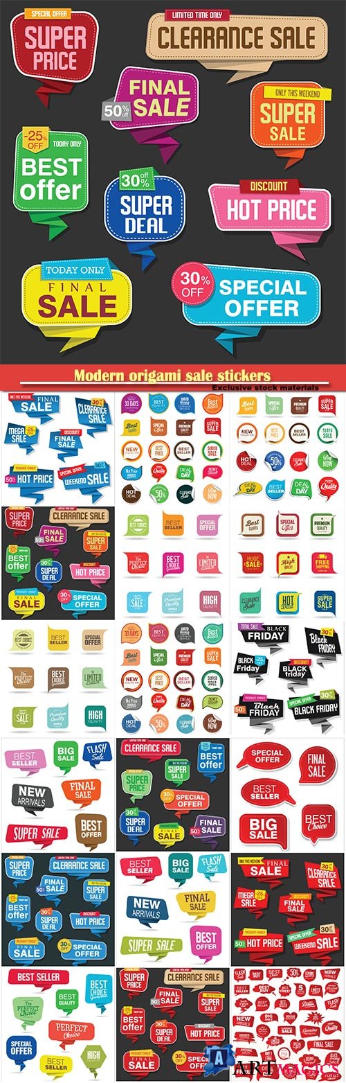 Modern origami sale stickers and vector tags colorful collection