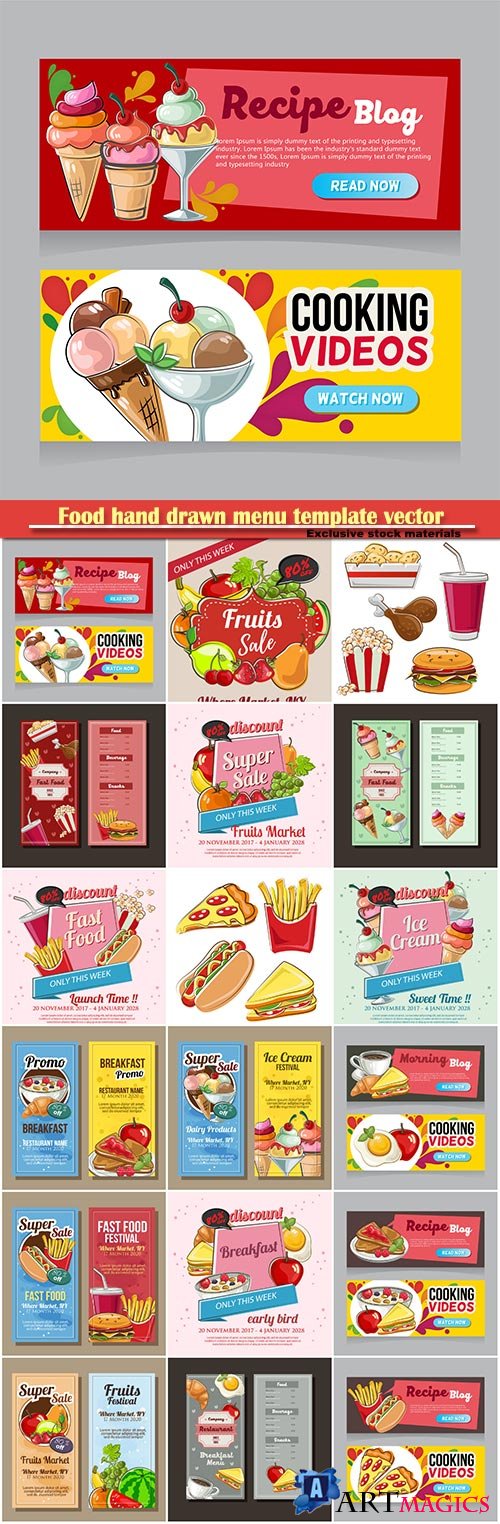 Food hand drawn menu template vector poster