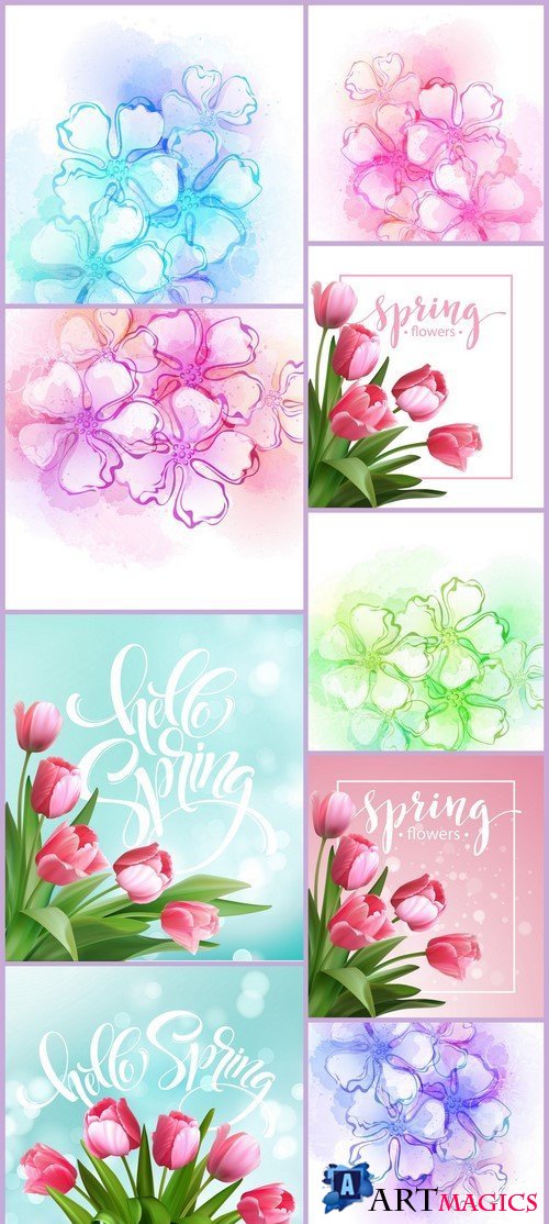 Decorative watercolor spring flower 9X EPS