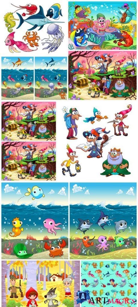 Funny marine in the sea A group of funny gnomes 10X EPS