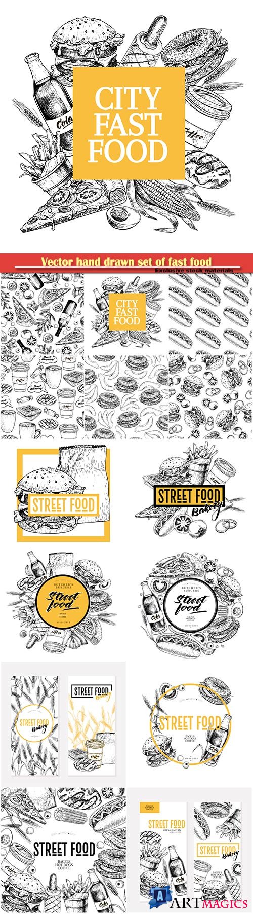 Vector hand drawn set of fast food, for restaurant, menu, street food, bakery, cafe