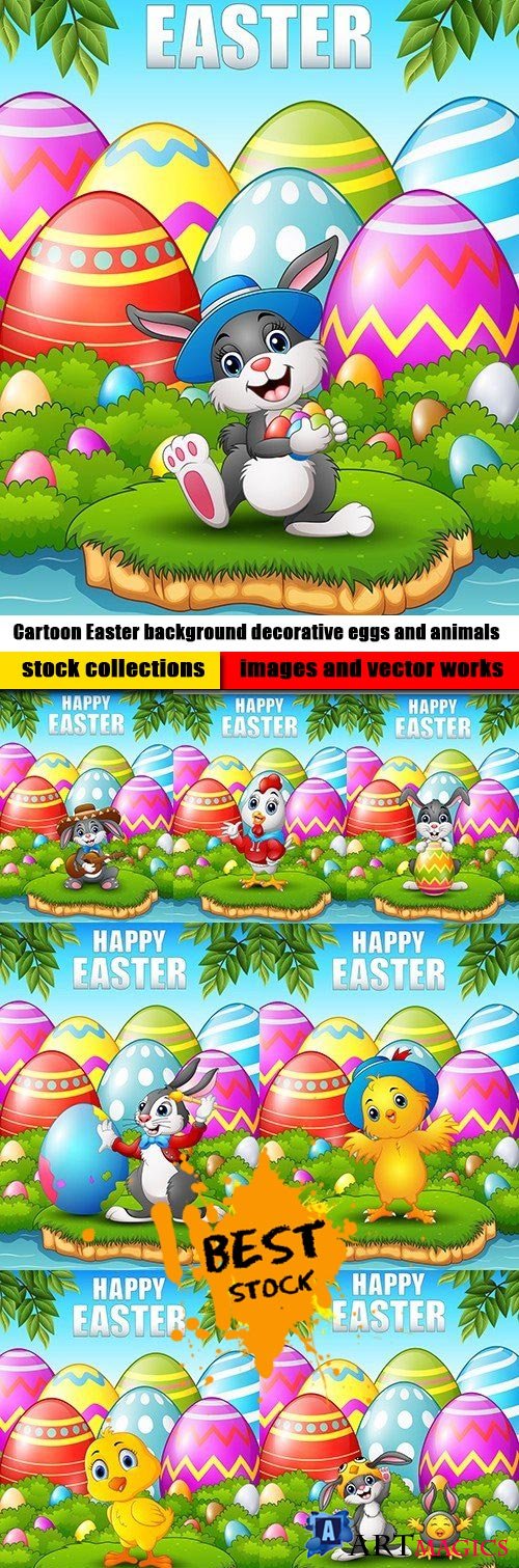 Cartoon Easter background decorative eggs and animals