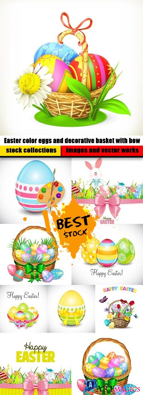 Easter color eggs and decorative basket with bow