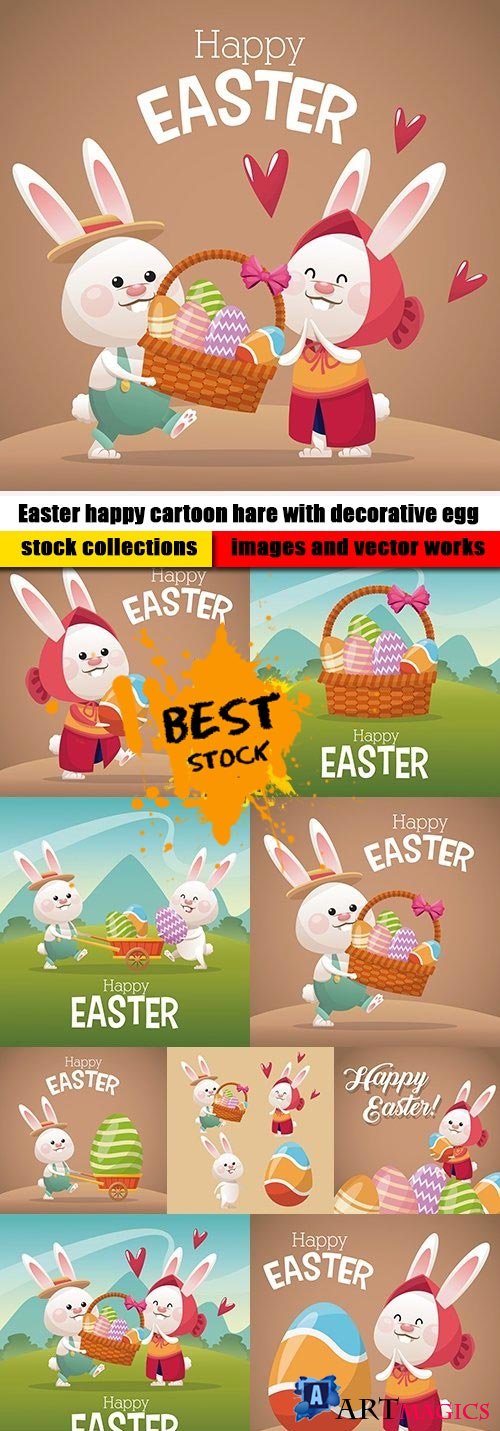 Easter happy cartoon hare with decorative egg