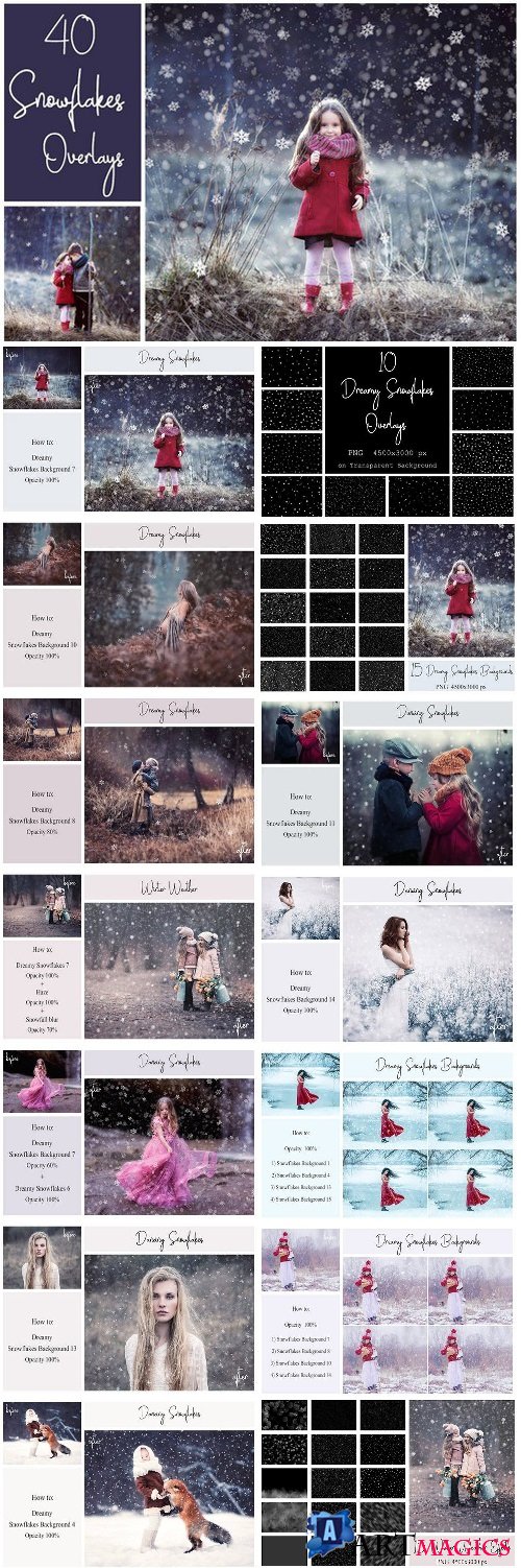 40 Dreamy Snowflakes PNG Overlays 2185552