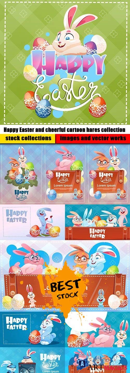 Happy Easter and cheerful cartoon hares collection