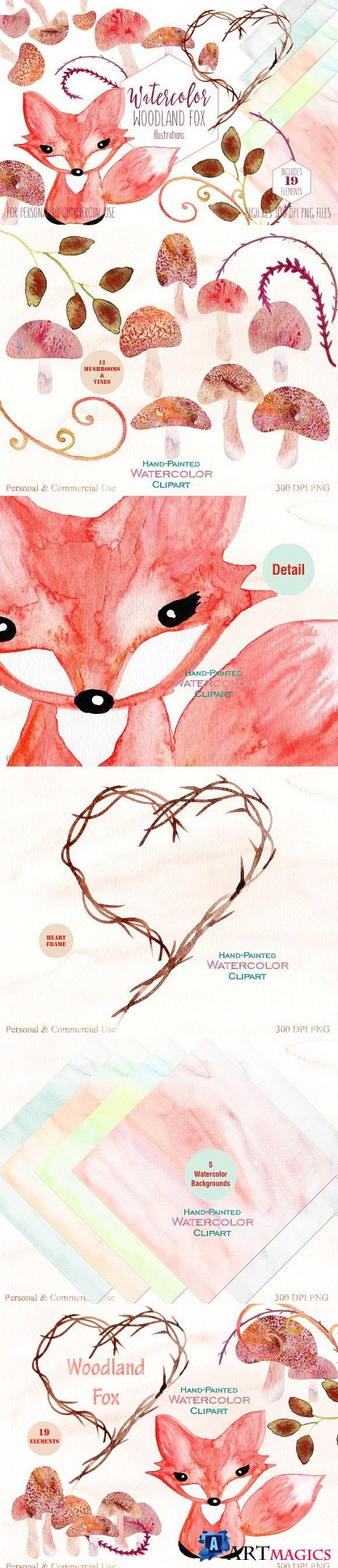 Cute Watercolor Woodland Fox Set 2219523