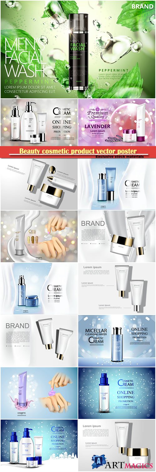 Luxury cosmetic bottle package skin care cream, beauty cosmetic product vector poster