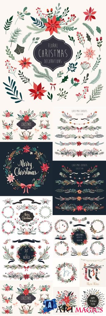 Christmas decorative bouquets drawn by hand design