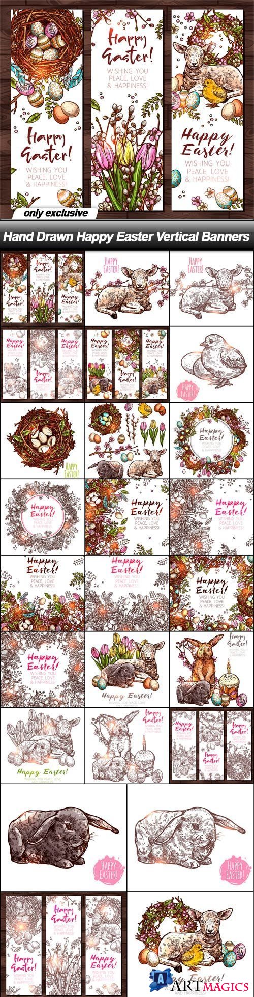 Hand Drawn Happy Easter Vertical Banners - 29 EPS