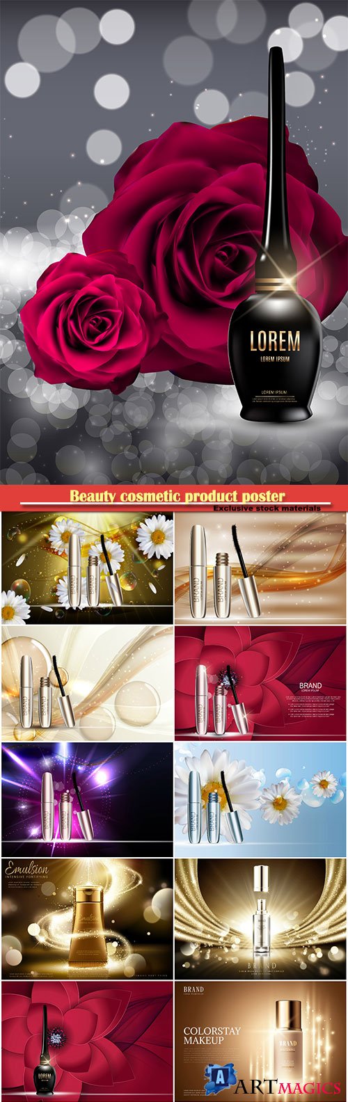 Beauty cosmetic product poster, fashion design makeup cosmetics, background in 3d illustration