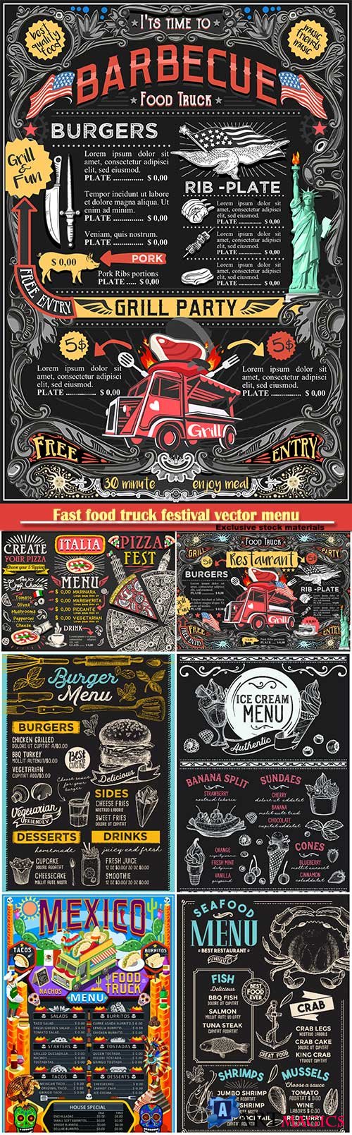 Fast food truck festival vector menu, BBQ grill brochure street food poster design