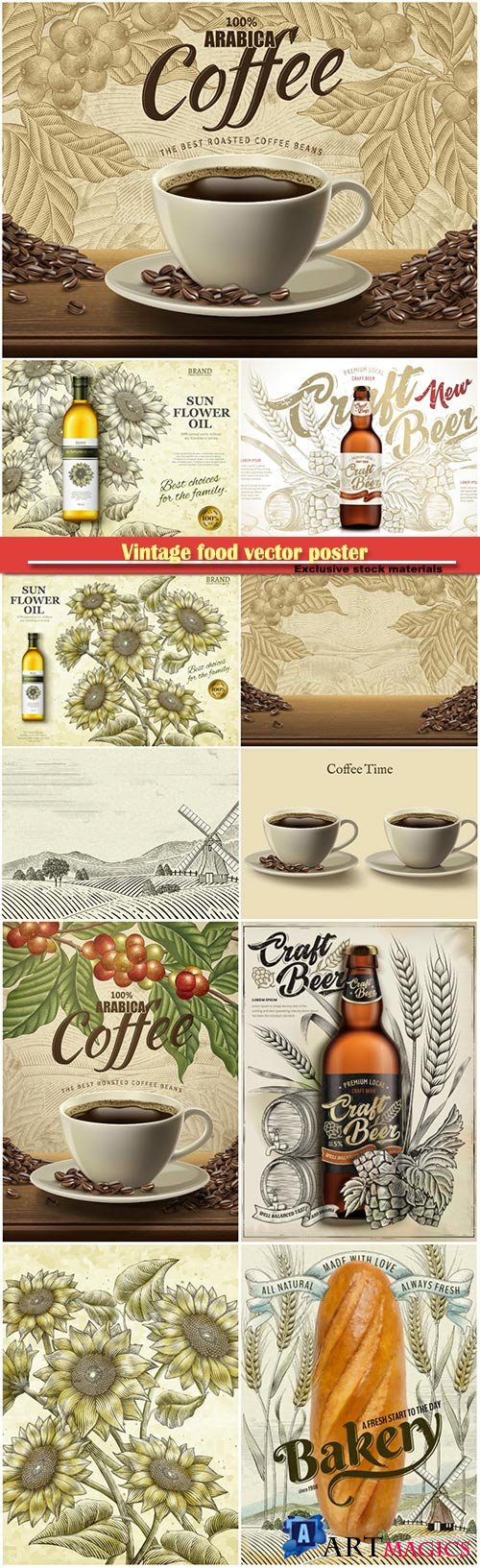 Vintage food vector poster, coffee,  bakery, oil, beer