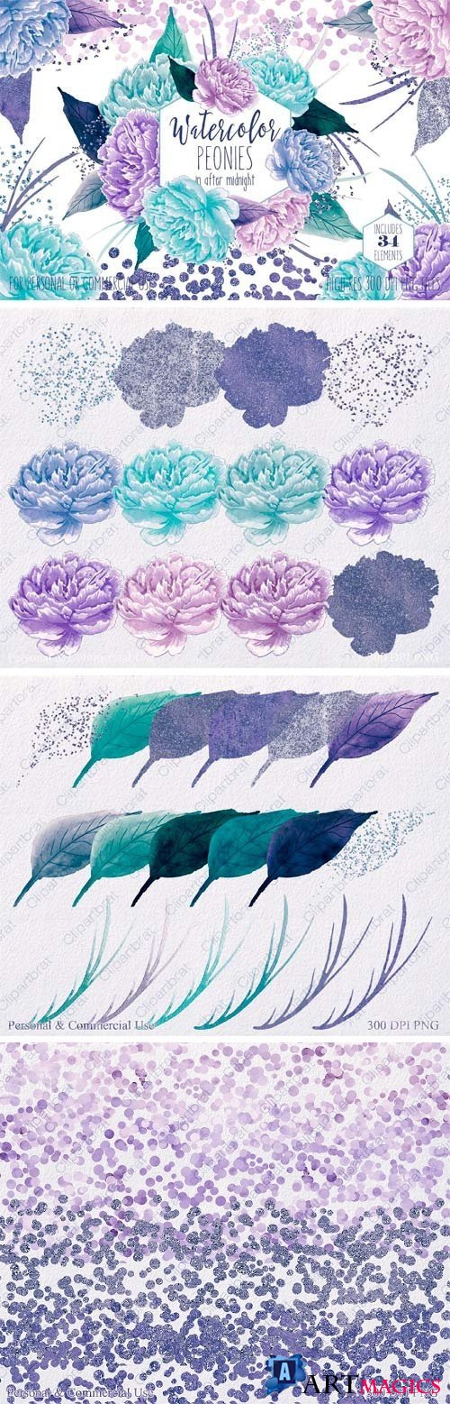 Watercolor Peony Flowers Teal Purple 2182471