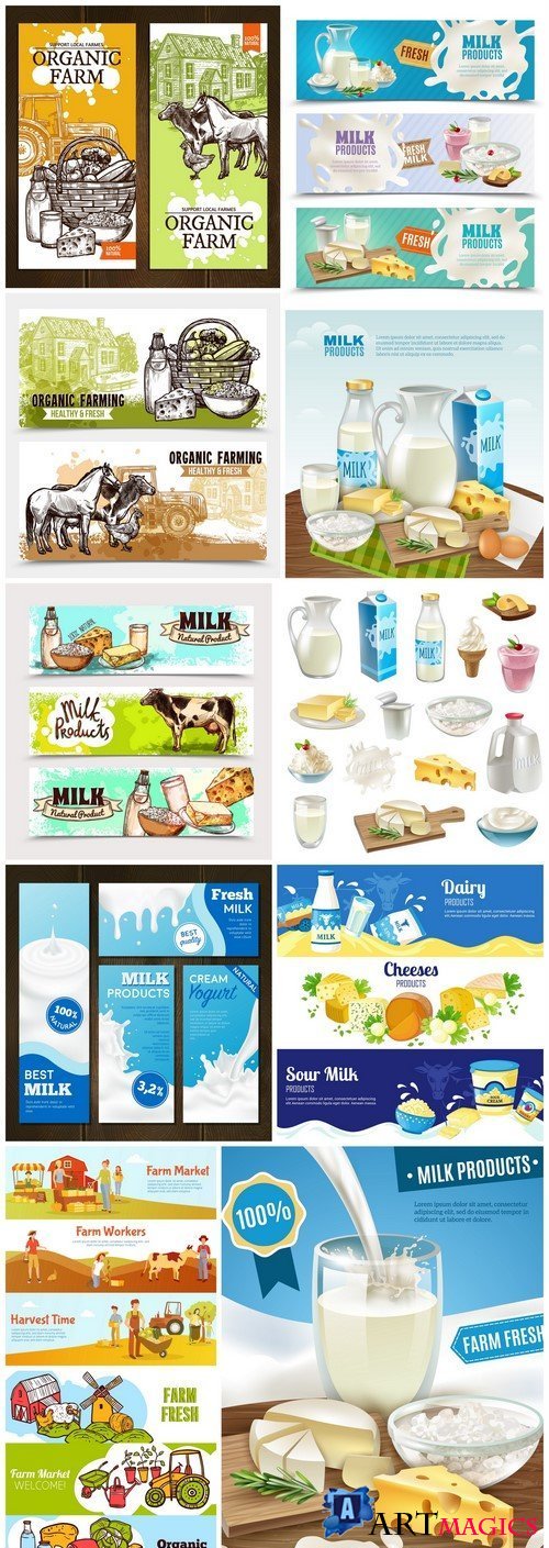 Milk Products banners with advertising of different cheeses sour cream and milk 11X EPS