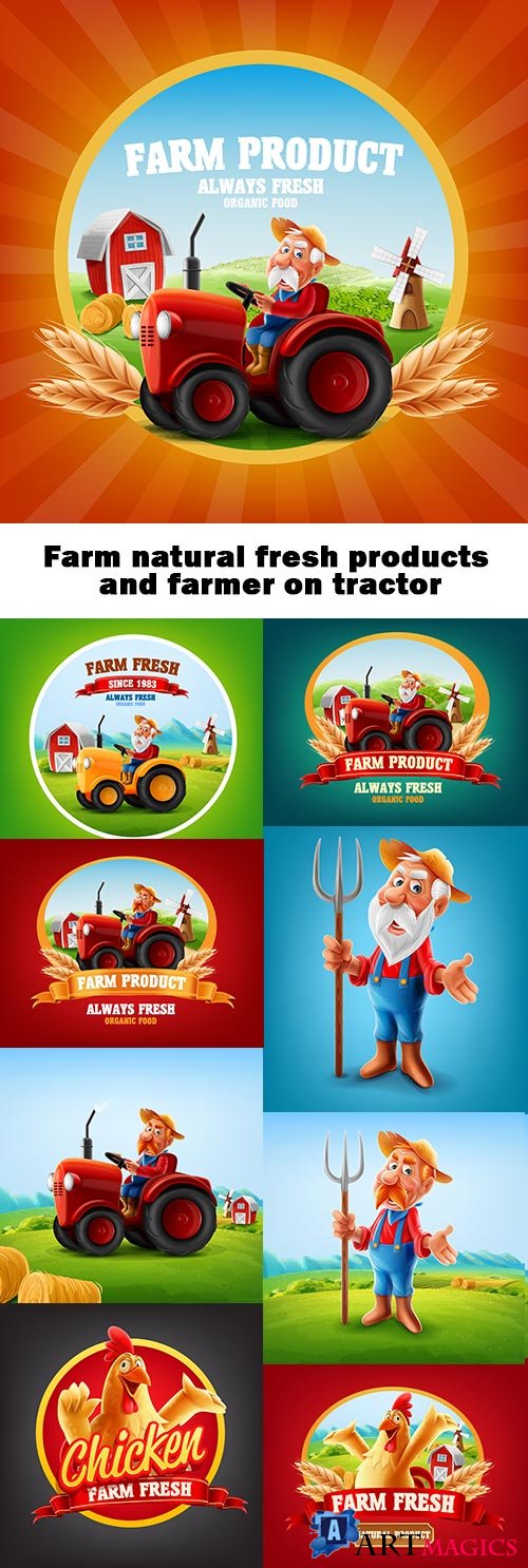 Farm natural fresh products and farmer on tractor