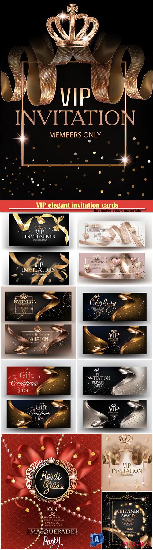 VIP elegant invitation cards with gold ribbons, pattern, crown and  frame and gold dust