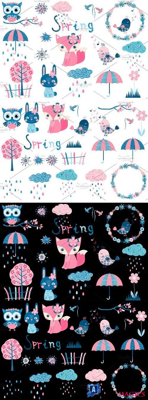 Cute spring clipart set with animals 2278658