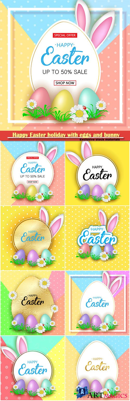 Happy Easter holiday with eggs and bunny, vector illustration # 13