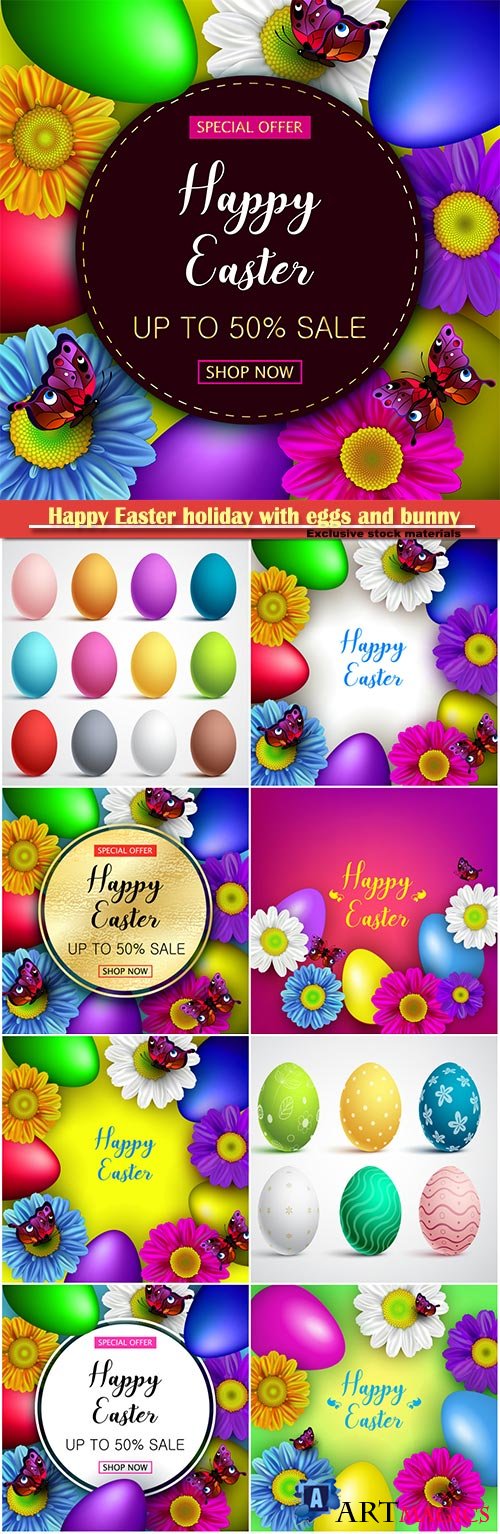 Happy Easter holiday with eggs and bunny, vector illustration # 6