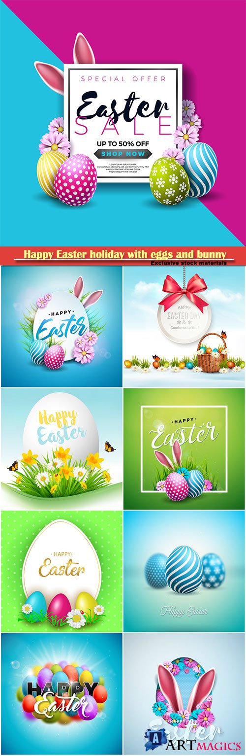 Happy Easter holiday with eggs and bunny, vector illustration # 8