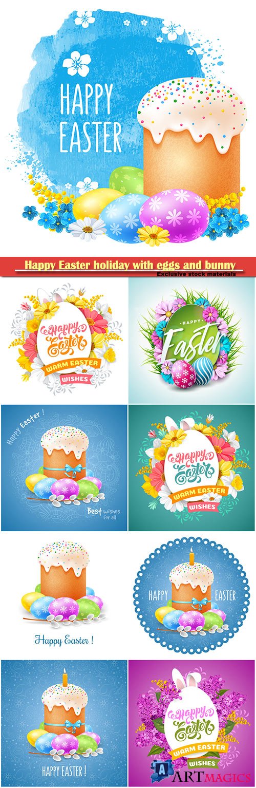 Happy Easter holiday with eggs and bunny, vector illustration # 10