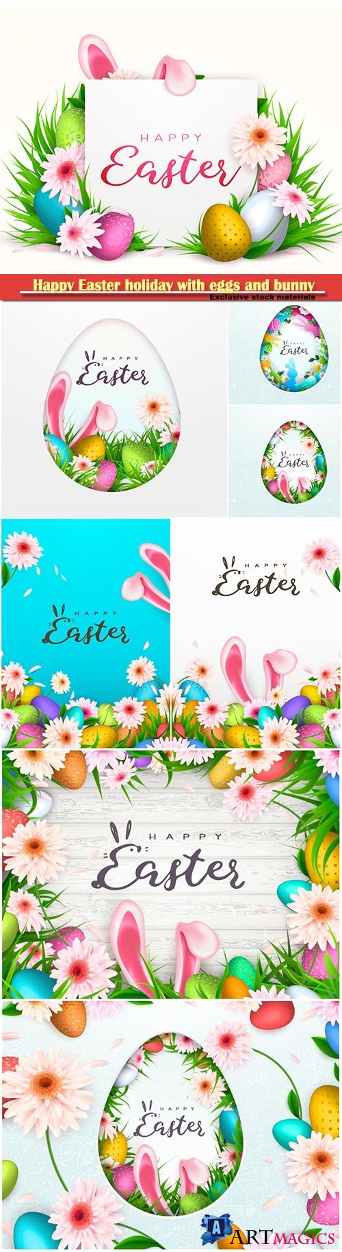 Happy Easter holiday with eggs and bunny, vector illustration # 5