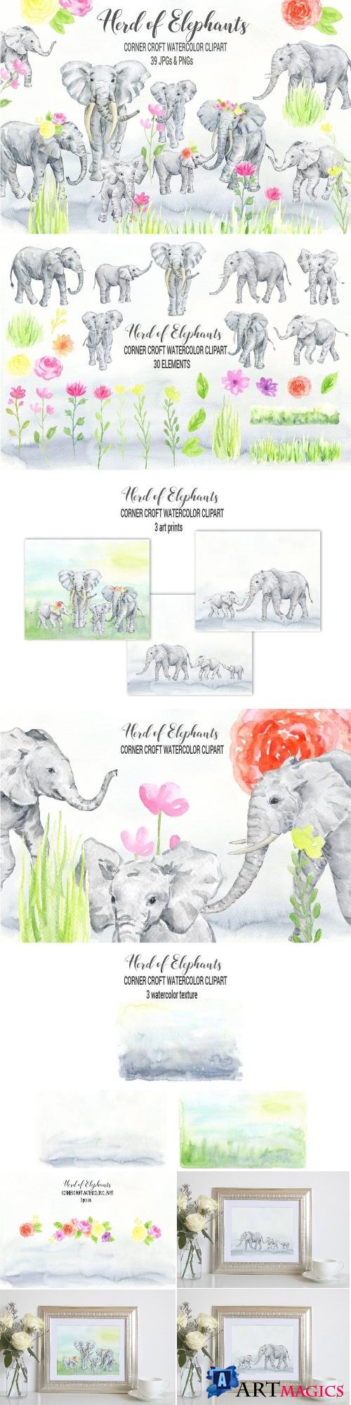 Watercolor herd of elephants - 2380009