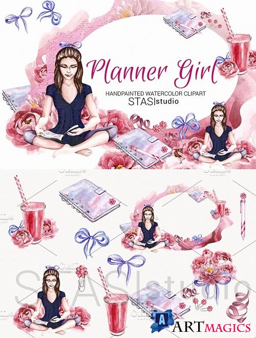 Planner Girl Watercolor Clipart 1593833