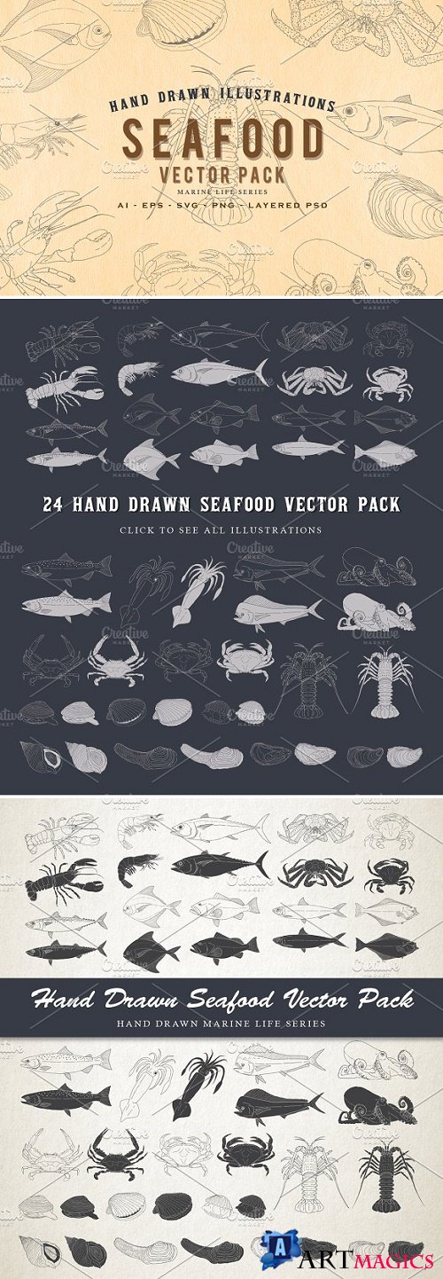 24 Hand Drawn Seafood Vector Set 2316604