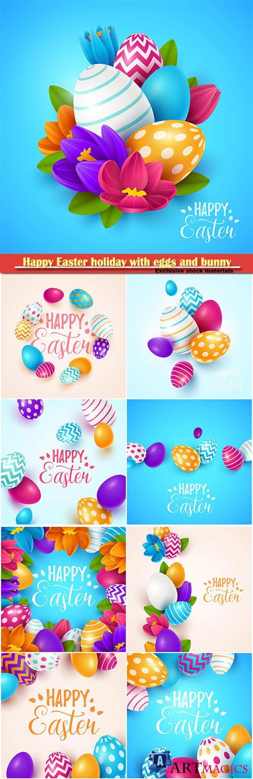 Happy Easter holiday with eggs and bunny, vector illustration # 17