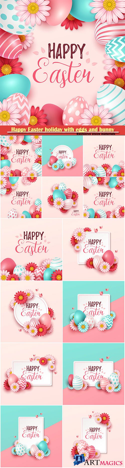 Happy Easter holiday with eggs and bunny, vector illustration # 15