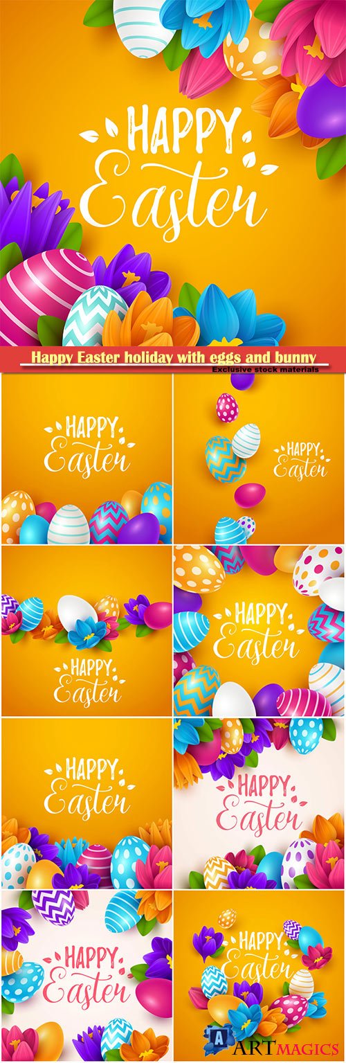 Happy Easter holiday with eggs and bunny, vector illustration # 16