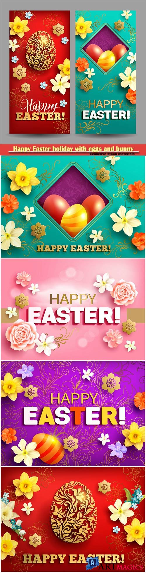 Happy Easter holiday with eggs and bunny, vector illustration # 18