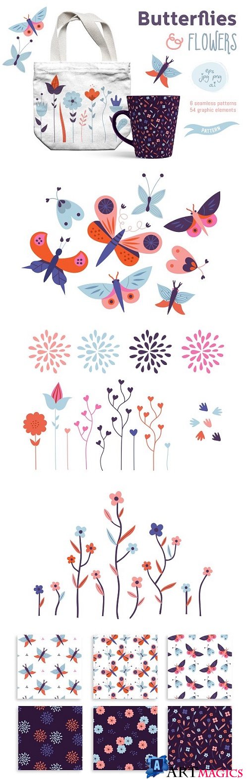 Butterflies and flowers vector set 2369667
