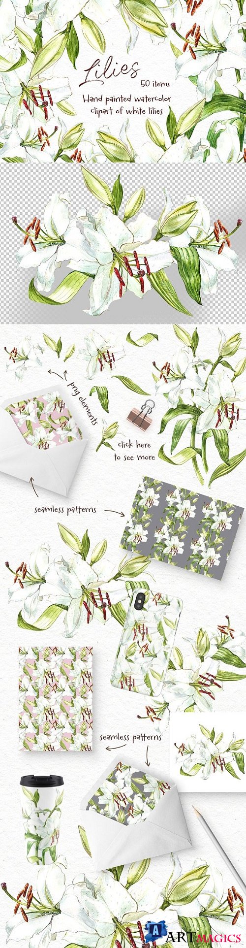 White Lilies watercolor clipart 2356766