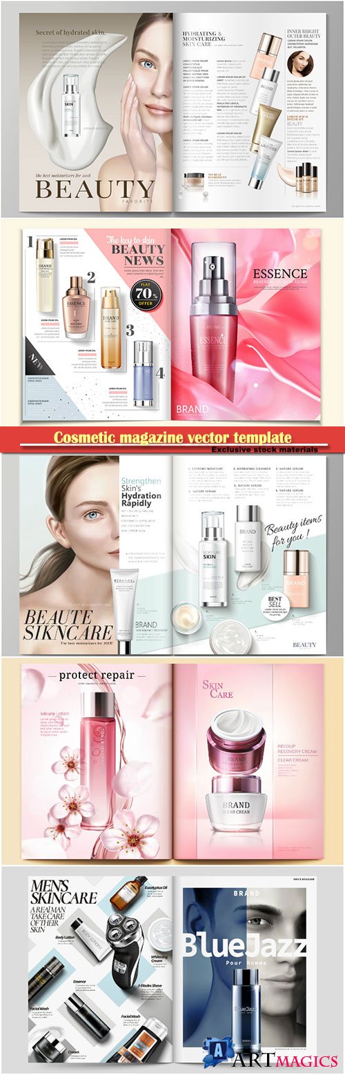 Cosmetic magazine vector template, attractive model with product containers in 3d illustration # 6